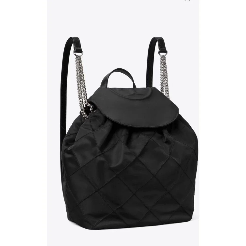 Tory Burch Black Fleming Nylon Backpack Quilted Drawstring Chain Bag New $500